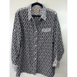 Ellen Tracy Dark Navy/White Geometric Long Sleeved Button Up Blouse Size XL